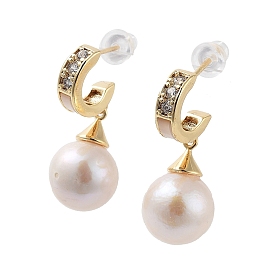 Natural Pearl Dangle Stud Earrings, with Brass Micro Pave Cubic Zirconia Findings and 925 Sterling Silver Pins, Round