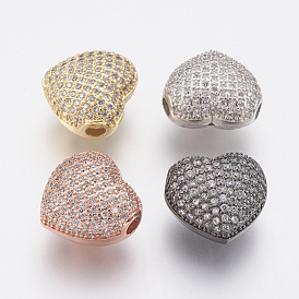 Brass Micro Pave Cubic Zirconia Beads, Lead Free & Cadmium Free, Heart