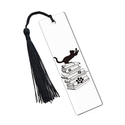Cat & Book Pattern Transparent Acrylic Bookmarks, Tassel Bookmarks, Rectangle