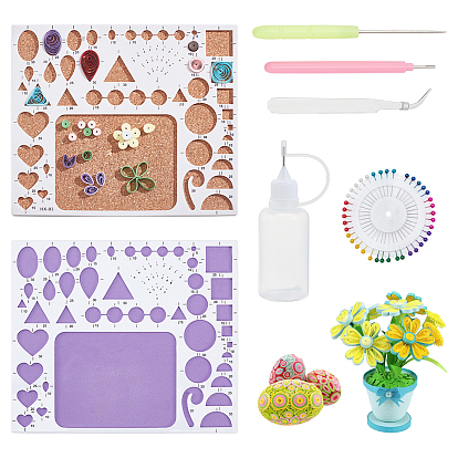 Шаблон для квиллинга из бумаги геометрической формы, бумажные полоски образуют доску, пластик с деревянной доской, с булавками на голове, пластиковая пустая бутылка, железный пинцет, прямоугольная форма