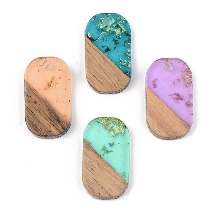 Transparent Resin & Walnut Wood Pendants, with Gold Foil, Oval