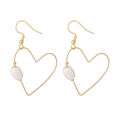 Open Heart Dangle Earrings for Women, Wire Wrap Natural Pearl Beads Drop Earrings