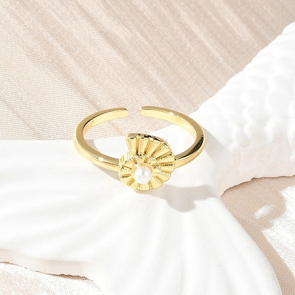 Латунные открытые манжеты для женщин, раковина, с ABS имитации жемчуга, стойки покрытие, без свинца и без кадмия, долговечный