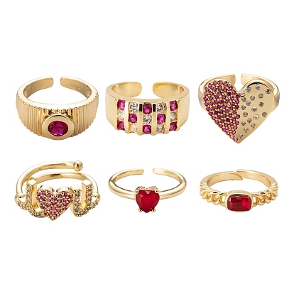 6Pcs 6 Style Brass Micro Pave Cubic Zirconia Cuff Rings, Open Rings, Long-Lasting Plated, Word & Heart & Ring & Rectangle & Flat Round