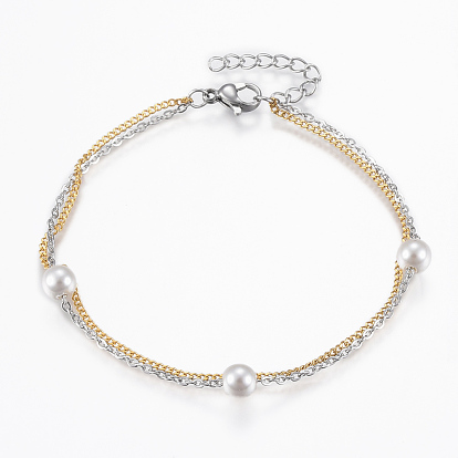 Two Tone 304 Stainless Steel Bracelets, with Acrylic Pearl