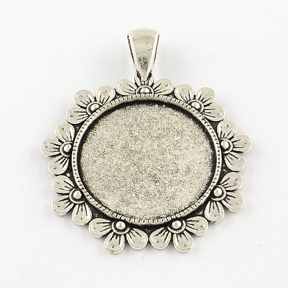 Tibetan Style Flower Alloy Pendant Cabochon Settings, Cadmium Free & Lead Free, Tray: 25mm, 47x38x2.5mm, Hole: 6x4mm, about 145pcs/1000g