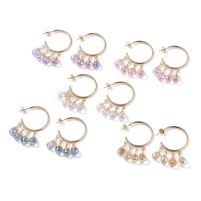 C-shape with Glass Beads Dangle Stud Earrings, 304 Stainless Steel Half Hoop Earrings for Women