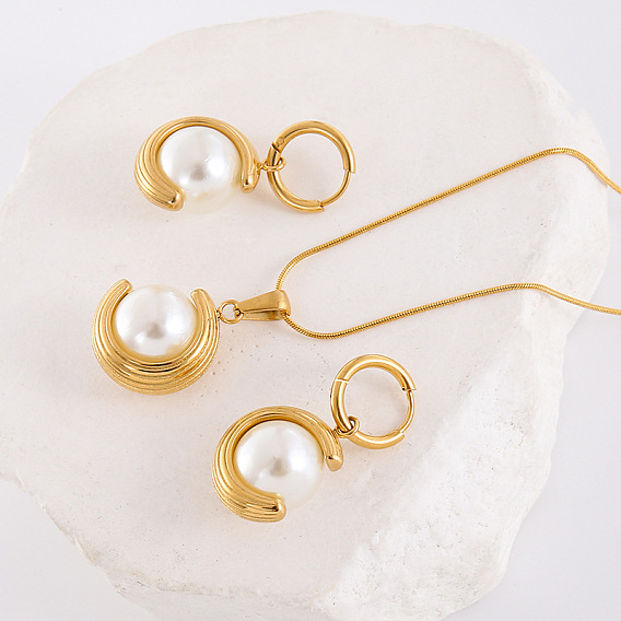 304 комплекты из ожерелий и серег-колец из нержавеющей стали, с круглой имитацией жемчуга