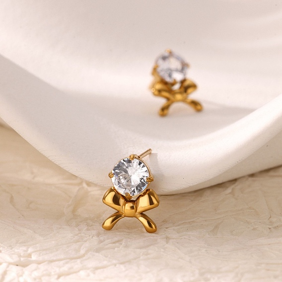 304 серьги-гвоздики из нержавеющей стали с бантом, с четким кубического циркония