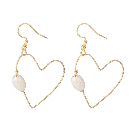 Open Heart Dangle Earrings for Women, Wire Wrap Natural Pearl Beads Drop Earrings