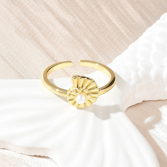 Латунные открытые манжеты для женщин, раковина, с ABS имитации жемчуга, стойки покрытие, без свинца и без кадмия, долговечный