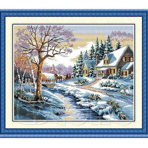 Winter House Scenery Cross-Stitch Painting Kits, including Printed Fabric & Silk Thread, Needle, Instruction Sheet