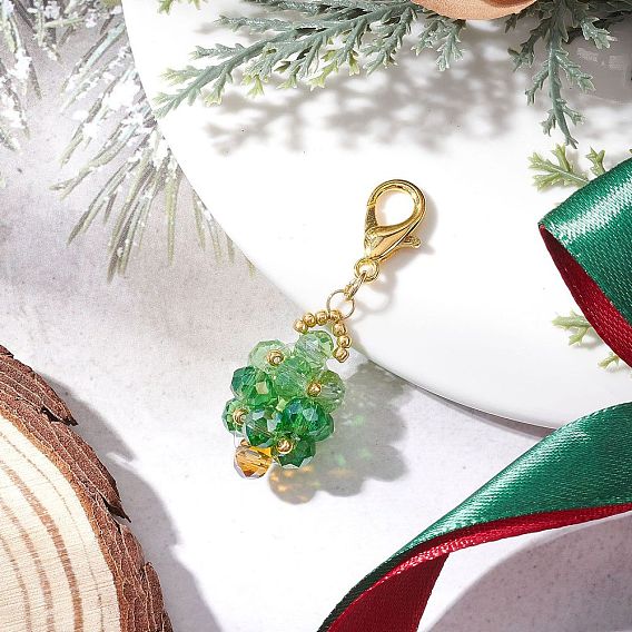 Подвесные украшения из стеклянных бусин ручной работы, Рождественские елки, с цинковым сплавом застежками омаров коготь