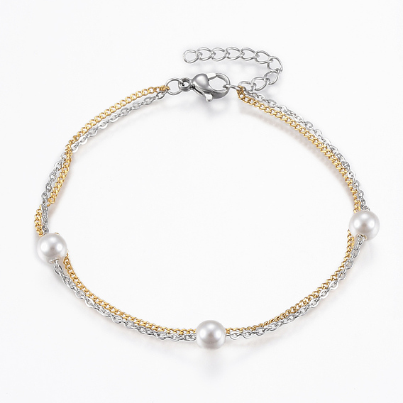 Two Tone 304 Stainless Steel Bracelets, with Acrylic Pearl