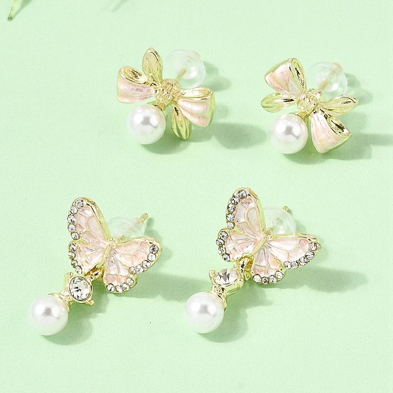 2Pairs Alloy Enamel & Rhinestone & Plastic Pearls Stud Earrings for Women, Butterfly & Bowknot, with
925 Sterling Silver Pins