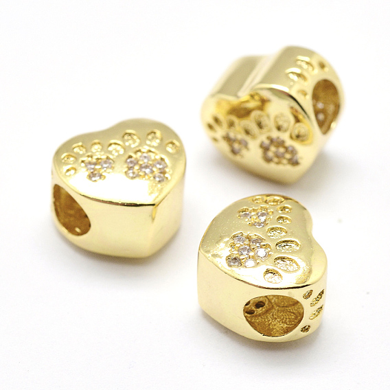 Brass Micro Pave Grade AAA Cubic Zirconia European Beads, Large Hole Beads, Heart, Lead Free & Nickel Free & Cadmium Free