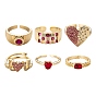 6Pcs 6 Style Brass Micro Pave Cubic Zirconia Cuff Rings, Open Rings, Long-Lasting Plated, Word & Heart & Ring & Rectangle & Flat Round