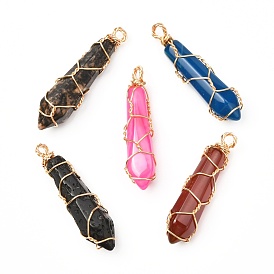 Pendentifs pointus de pierres précieuses naturelles, avec du vrai fil de cuivre écologique plaqué or 18k, balle