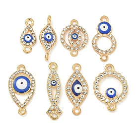 Alloy Blue Enamel Evil Eye Connector Charms, Crystal Rhinestone Links, Golden, Teardrop/Flat Round/Ring/Horse Eye/Jesus Fish