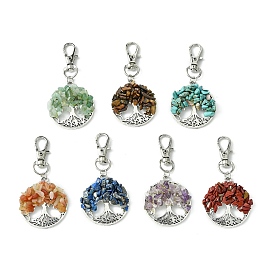 7Pcs Tree of Lif Gemstone Chip Pendant Decorations, Alloy Swivel Clasps Charm for Bag Ornaments