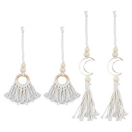 4 шт. 2 стили подвеска с кисточкой из натурального дерева, лунные латунные соединительные кольца и подвесное украшение из хлопкового шнура макраме