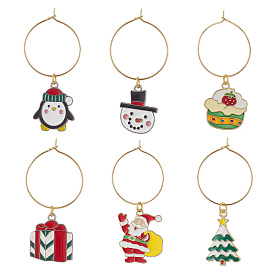 Christmas Theme Alloy Enamel Wine Glass Charms, with Brass Rings, Mixed Shapes