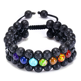 Colorful Natural Stone Bracelet - Triple Braided Rope with Volcanic Rock and Agate Beads