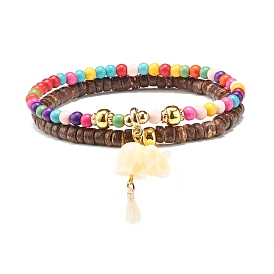 Elephant with Tassel Charm Bracelets Set for Women, Synthetic Turquoise(Dyed) & Hematite & Coconut Beads Stretch Bracelets