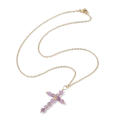 Natural Mixed Gemstone Beaded Cross Pendant Necklace, Golden Stainless Steel for Women