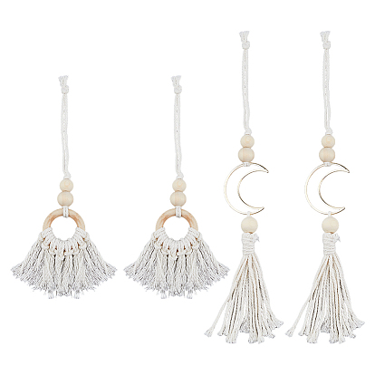 4 шт. 2 стили подвеска с кисточкой из натурального дерева, лунные латунные соединительные кольца и подвесное украшение из хлопкового шнура макраме