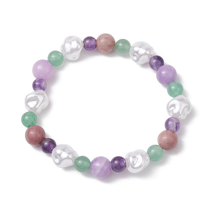 Round Natural Amethyst & Dyed Yellow Jade & Green Aventurine & Rhodochrosite & Nuggets Plastic Imitation Pearl Beaded Stretch Bracelets for Women
