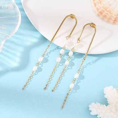 304 de acero inoxidable aretes, Pendientes colgantes con cadenas de cable de latón y perlas cultivadas naturales de agua dulce.