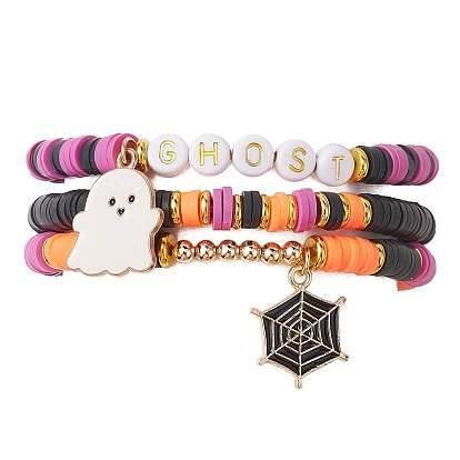 3Pcs Halloween Theme Handmade Polymer Clay Beaded Stretch Bracelets, with Alloy Enamel Ghost Spider Web Pendants