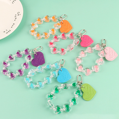 Imitation Leather Pendants Keychain, with Resin Beads and Alloy Findings, Heart with Word
