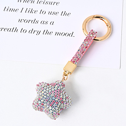 PU Leather & Rhinestone Keychain, with Alloy Spring Gate Rings, Star