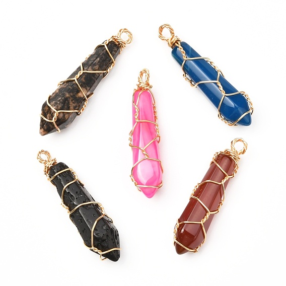 Natural Mixed Gemstone Pointed Pendants, with Real 18K Gold Plated Eco-Friendly Copper Wire, Bullet