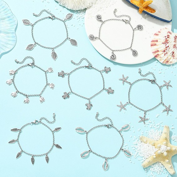 7шт. браслеты с подвесками из сплава, 304 Цепочки-роло из нержавеющей стали для женщин, морская звезда, форма раковины, раковина, лист, морская черепаха, каплевидная форма, слон