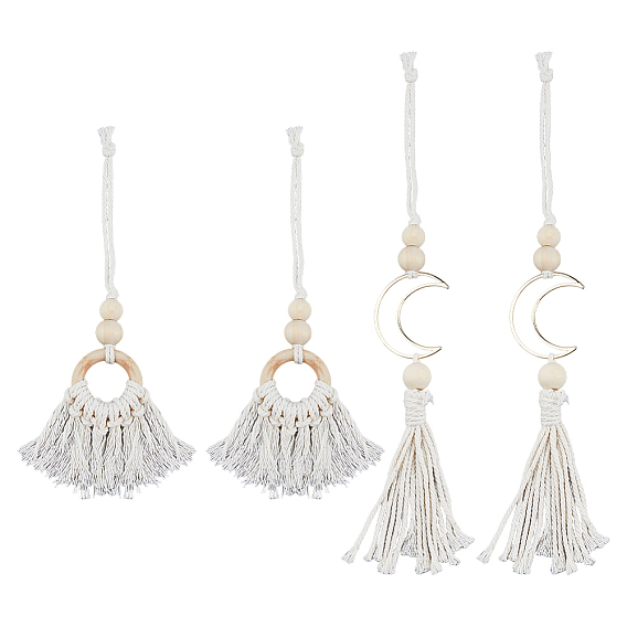 4 шт. 2 стили подвеска с кисточкой из натурального дерева, лунные латунные соединительные кольца и подвесное украшение из хлопкового шнура макраме
