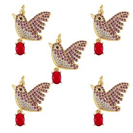5Pcs Real 18K Gold Plated Brass Micro Pave Cubic Zirconia Pendants, Long-Lasting Plated, Bird