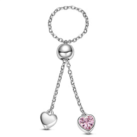 SHEGRACE 925 Sterling Silver Rings, with Grade AAA Cubic Zirconia, Cable Chains and Round Beads, Heart