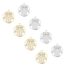 Pendentifs en acier inoxydable, polissage manuel, plat rond avec hamsa main / main de fatima / main de miriam