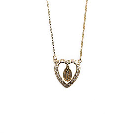 Bohemian Style Heart-Shaped Virgin Mary Necklace with Zirconia Stones