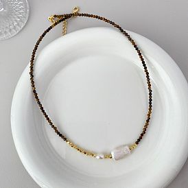 Natural Tiger Eye Beaded Necklaces, Baroque Freshwater Pearl Rectangle Pendant Necklaces for Women