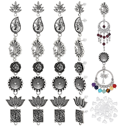 28 pièces 7 styles apprêts de boucles d'oreilles à clous en alliage de style tibétain, avec boucle et 30 pièces écrous à oreilles en plastique