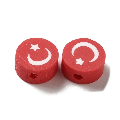 Handmade Polymer Clay Beads, Flat Round with Moon Pattern