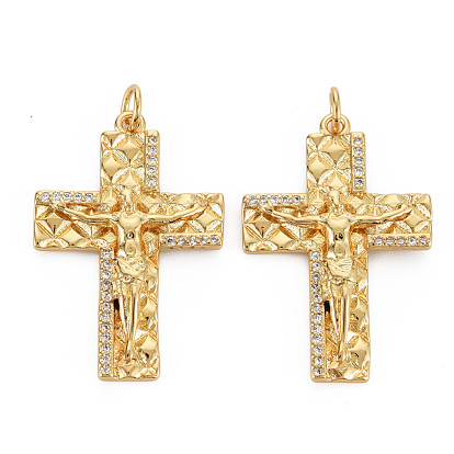 Brass Micro Pave Cubic Zirconia Pendants, with Jump Rings, Nickel Free, Cross