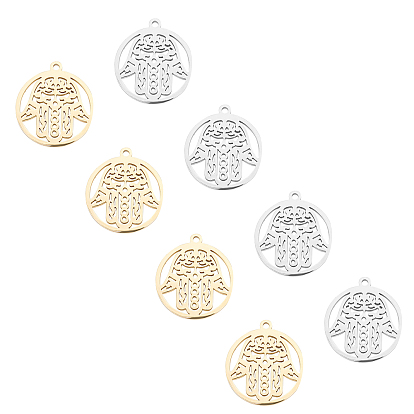 Pendentifs en acier inoxydable, polissage manuel, plat rond avec hamsa main / main de fatima / main de miriam
