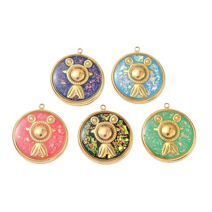 304 подвески из нержавеющей стали, эпоксидной смолы, с натуральными ракушками и пайетками внутри, плоский круглый с рыбными чарами, реальный 18 k позолоченный, вакуумное покрытие pvd