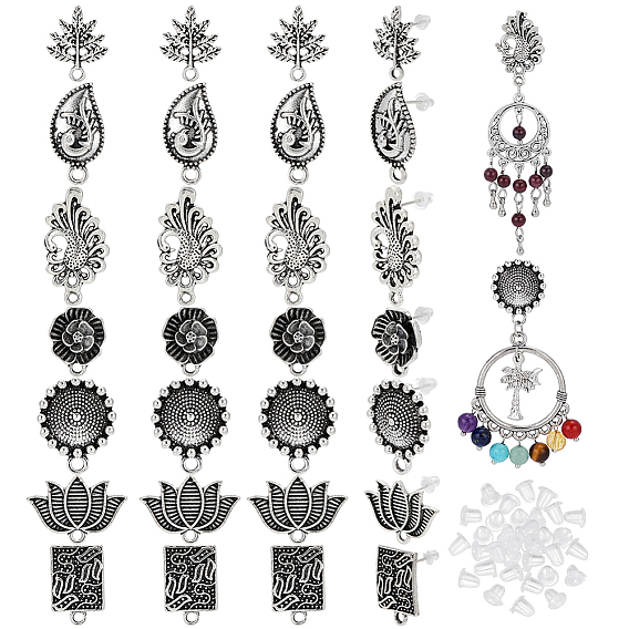 28Pcs 7 Styles Tibetan Style Alloy Stud Earring Findings, with Loop & 30Pcs Plastic Ear Nuts