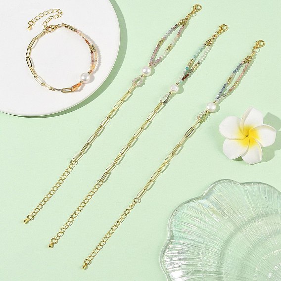 Pulseras de cadena de latón con cuentas de piedras preciosas naturales facetadas y perlas naturales para mujer., dorado